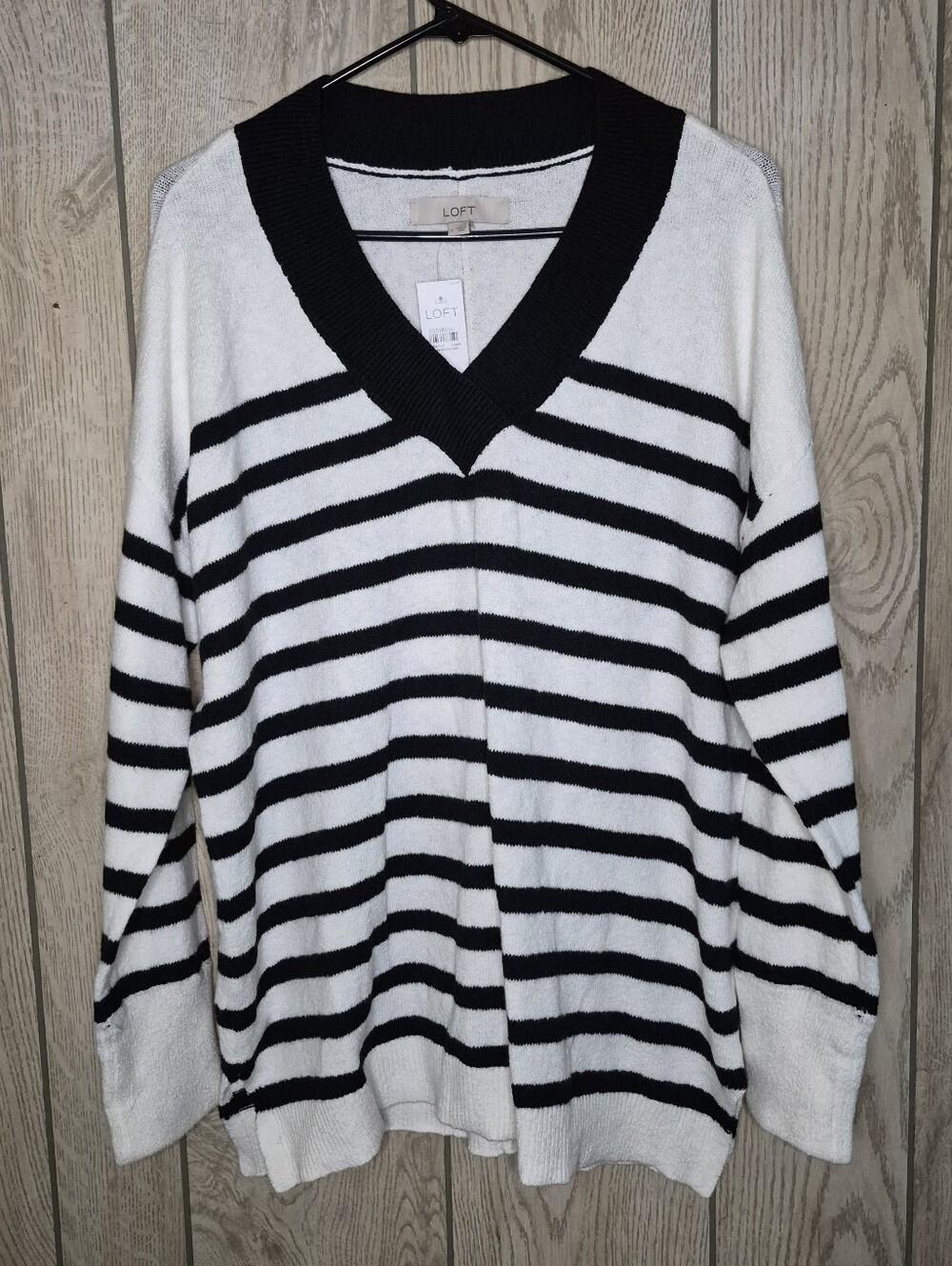 LOFT Black and White Striped V-Neck Pullover